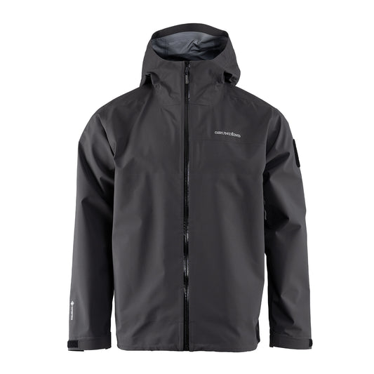 Waterproof black jacket with a hood, front zipper, and logo on the chest.
