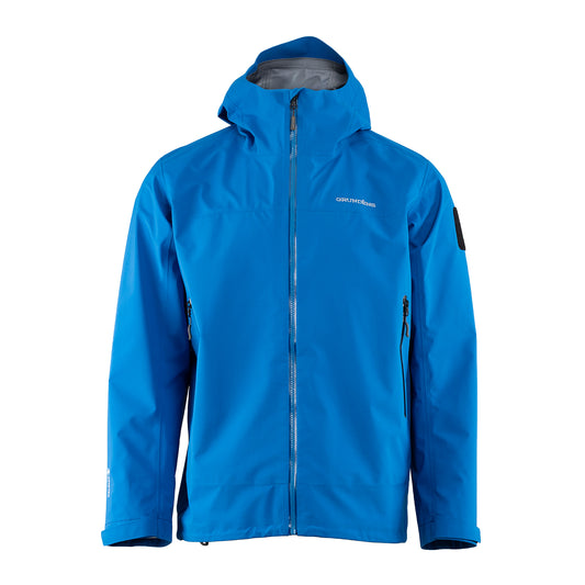 Bright blue GORE-TEX jacket with a hood, front zipper, and two side pockets.