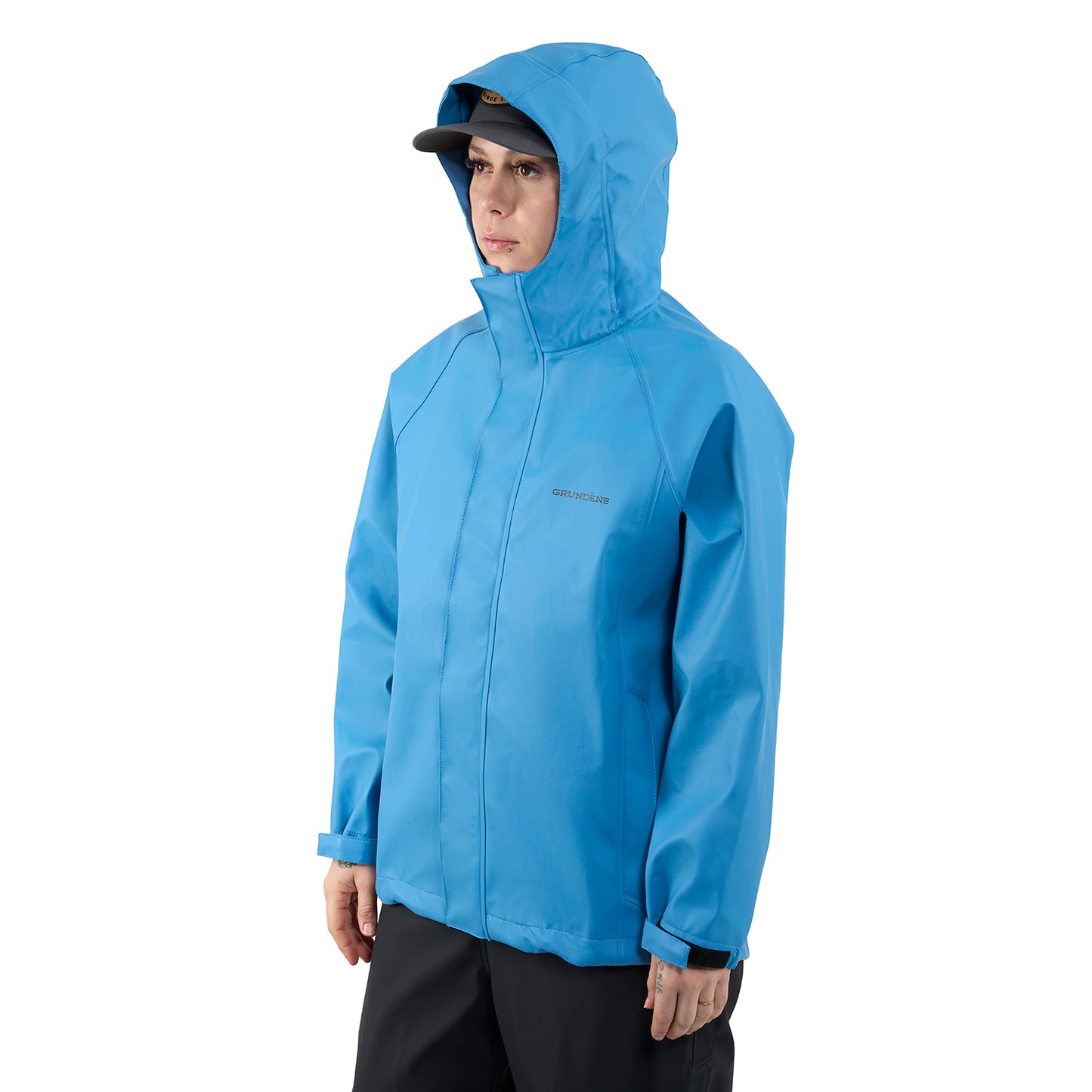 Blue waterproof jacket with a hood, featuring a front zipper and logo on the chest.