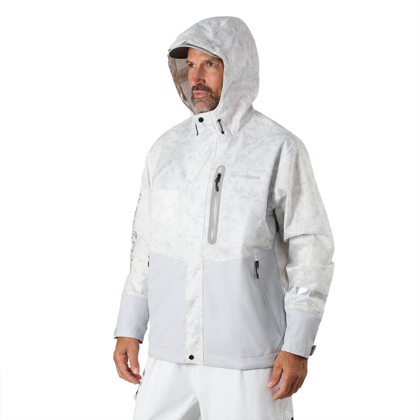 Light gray jacket with a hood, featuring a zippered pocket and a patterned design.