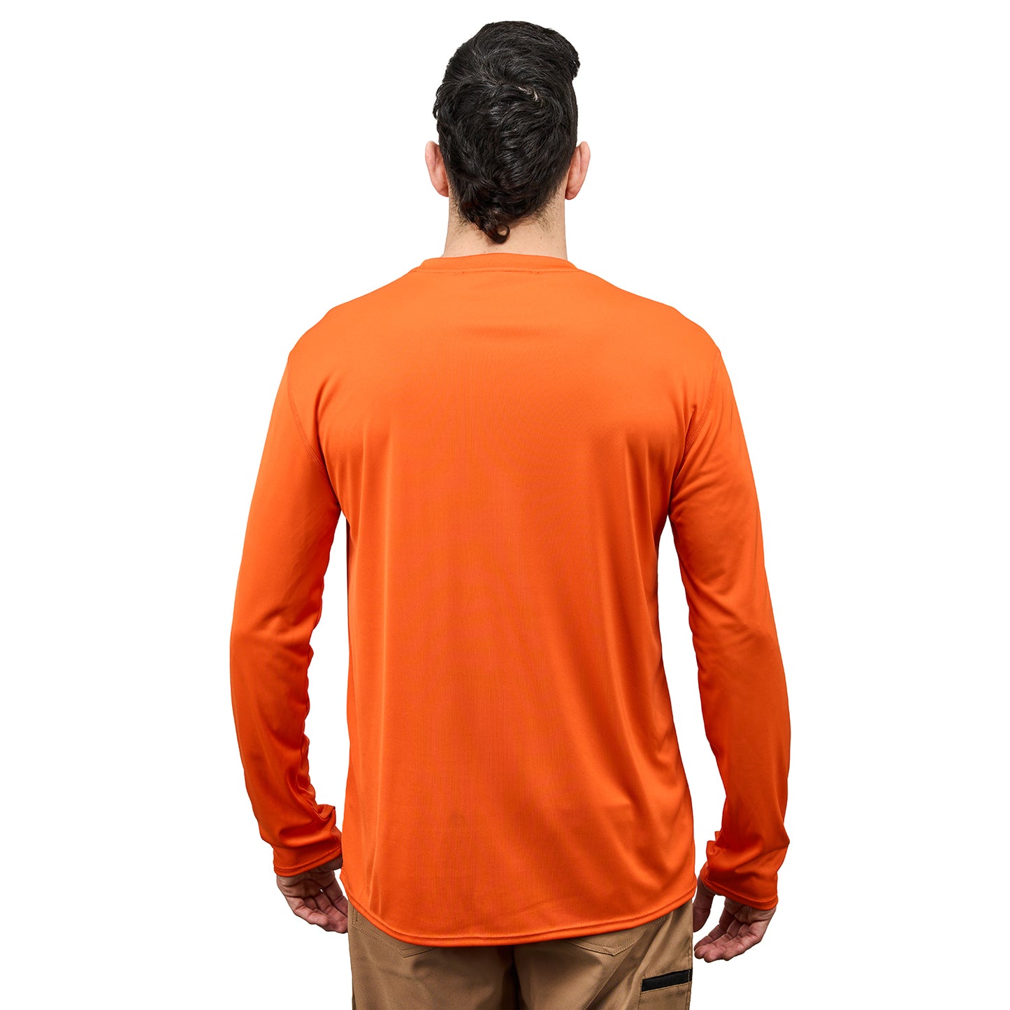 Long-sleeve crew shirt in bright orange, viewed from the back, with a relaxed fit and wrist cuffs.