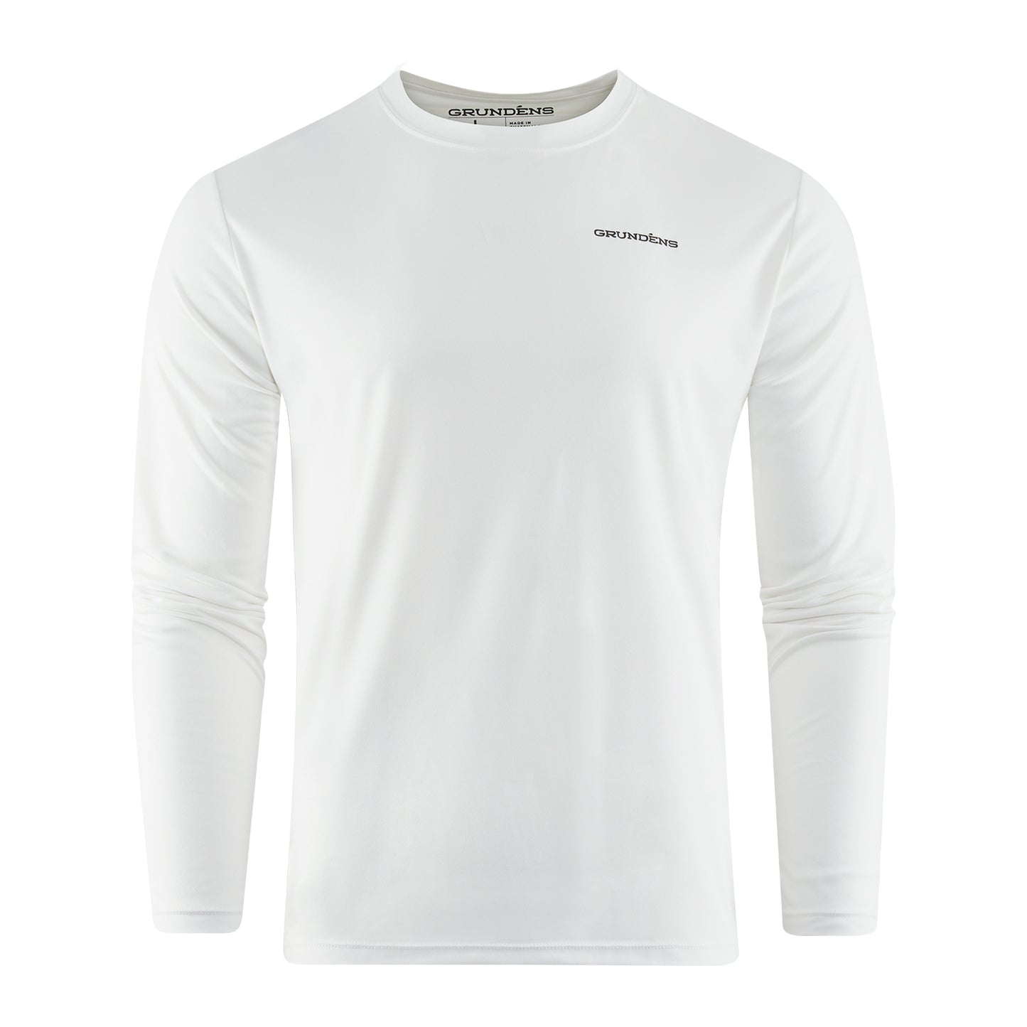 White long-sleeve tech tee with a round neckline and a small logo on the chest.
