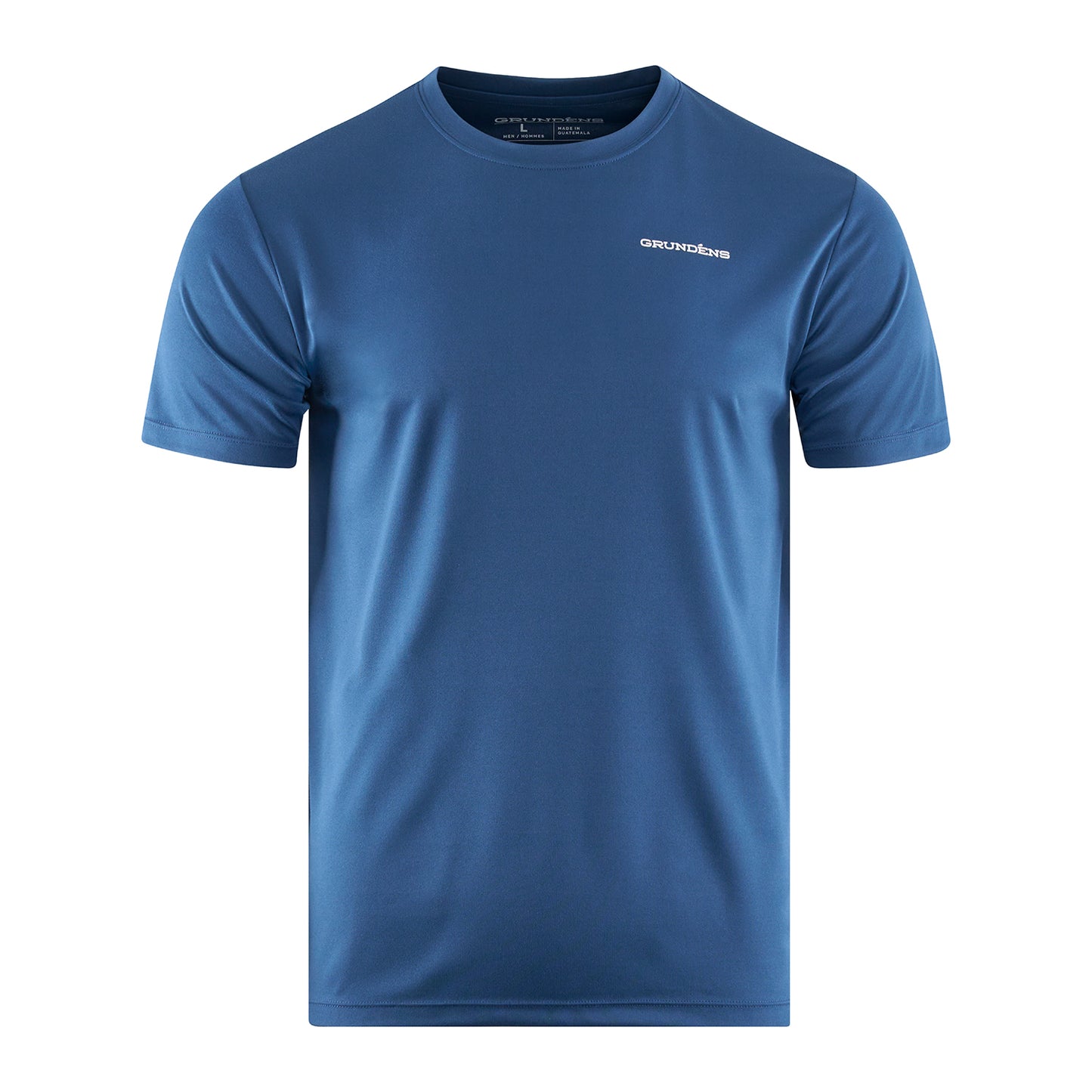 Short-sleeve blue technical t-shirt with a crew neck and a small logo on the chest.