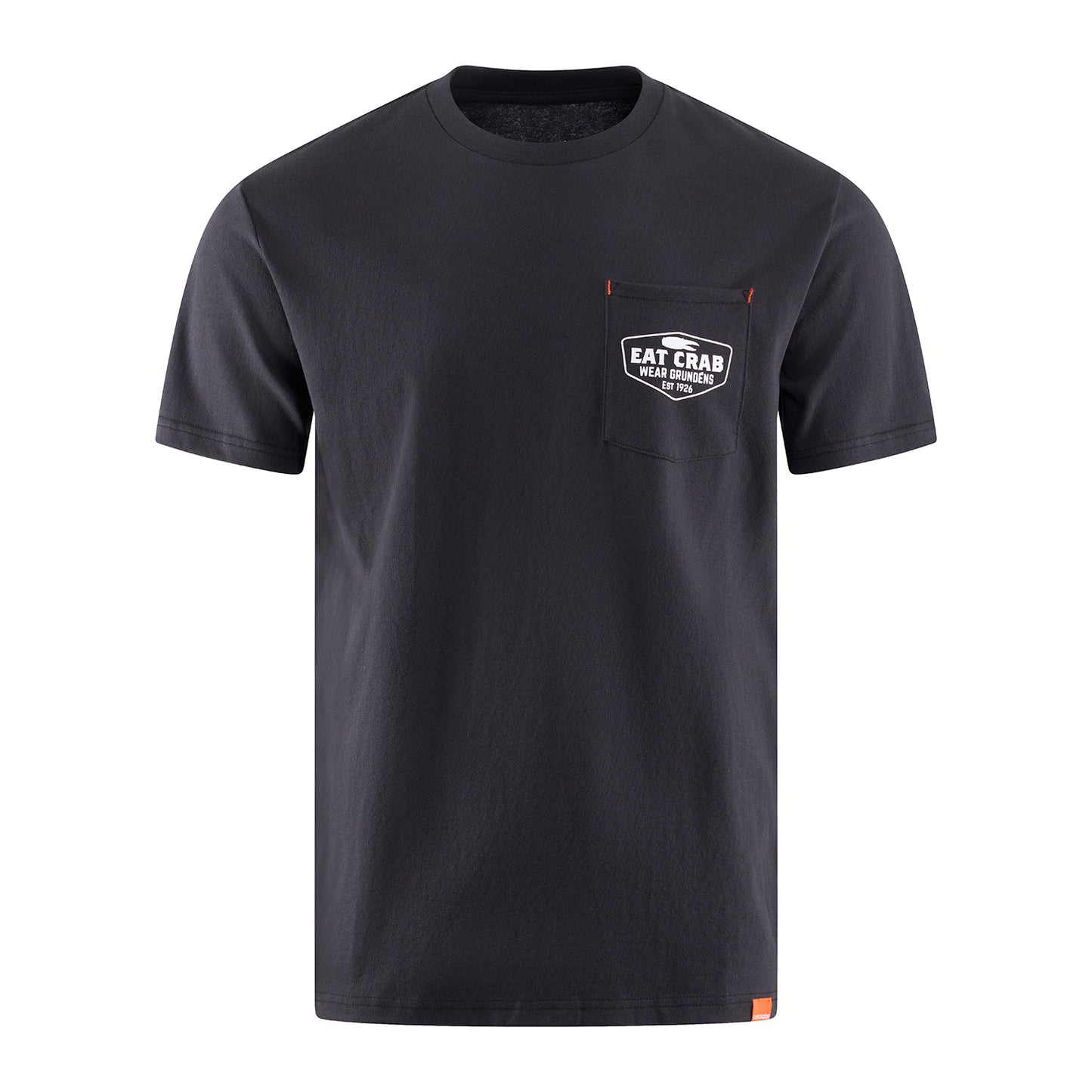 Dark gray short-sleeve t-shirt featuring a pocket with a "Eat Crab" graphic.
