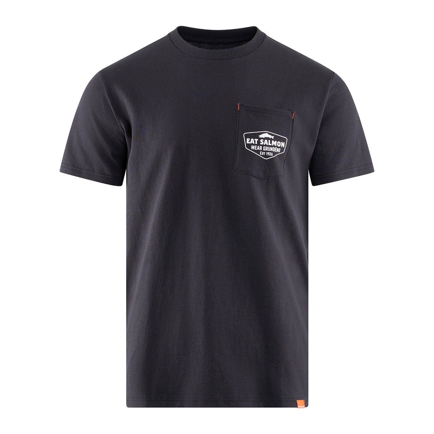 Dark gray short-sleeve t-shirt with a pocket featuring a white graphic text design.