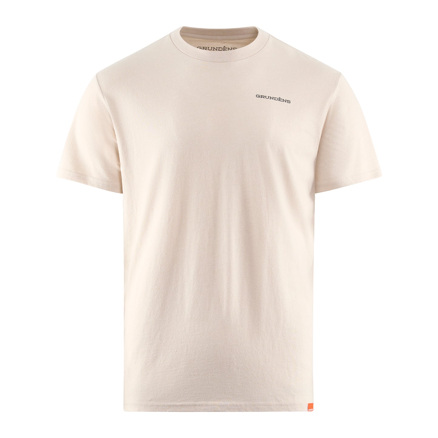 Beige short-sleeve t-shirt with a small black logo on the chest and an orange tag at the hem.