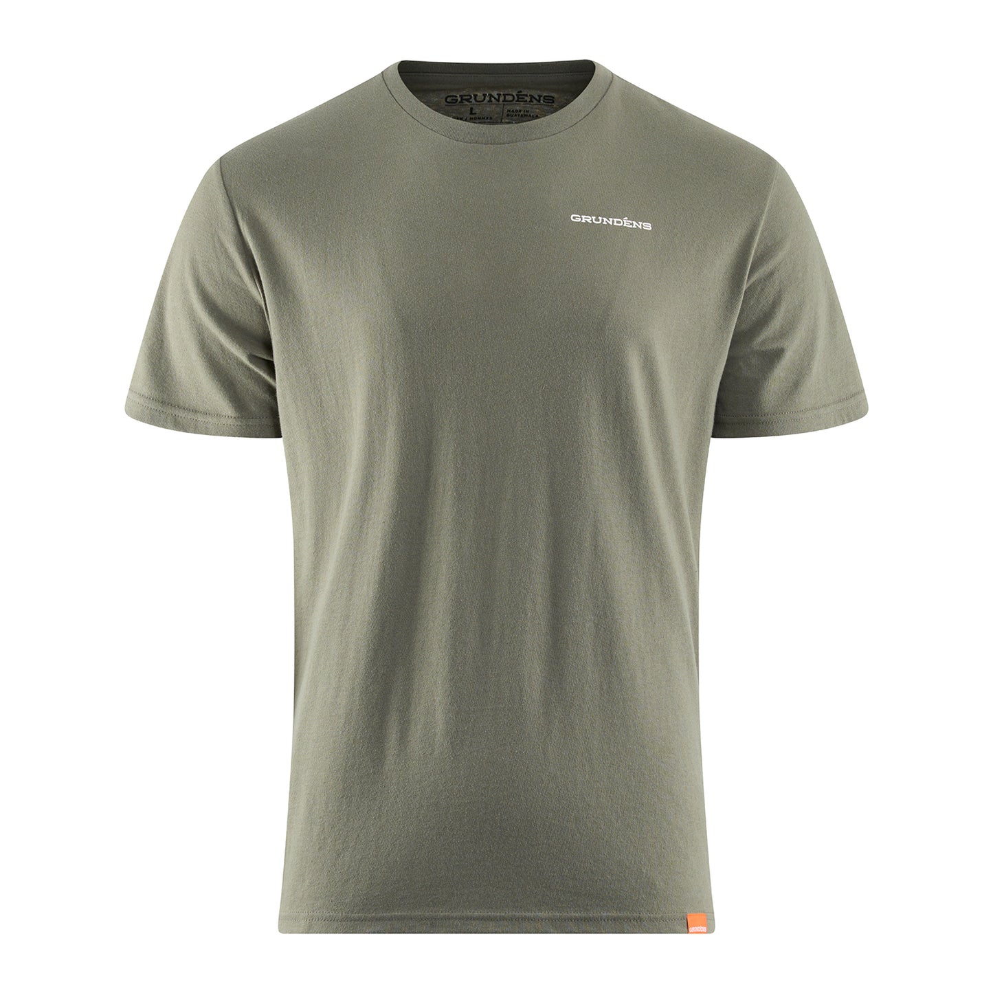 Short-sleeve olive green t-shirt with a small white logo on the chest and an orange tag at the hem.