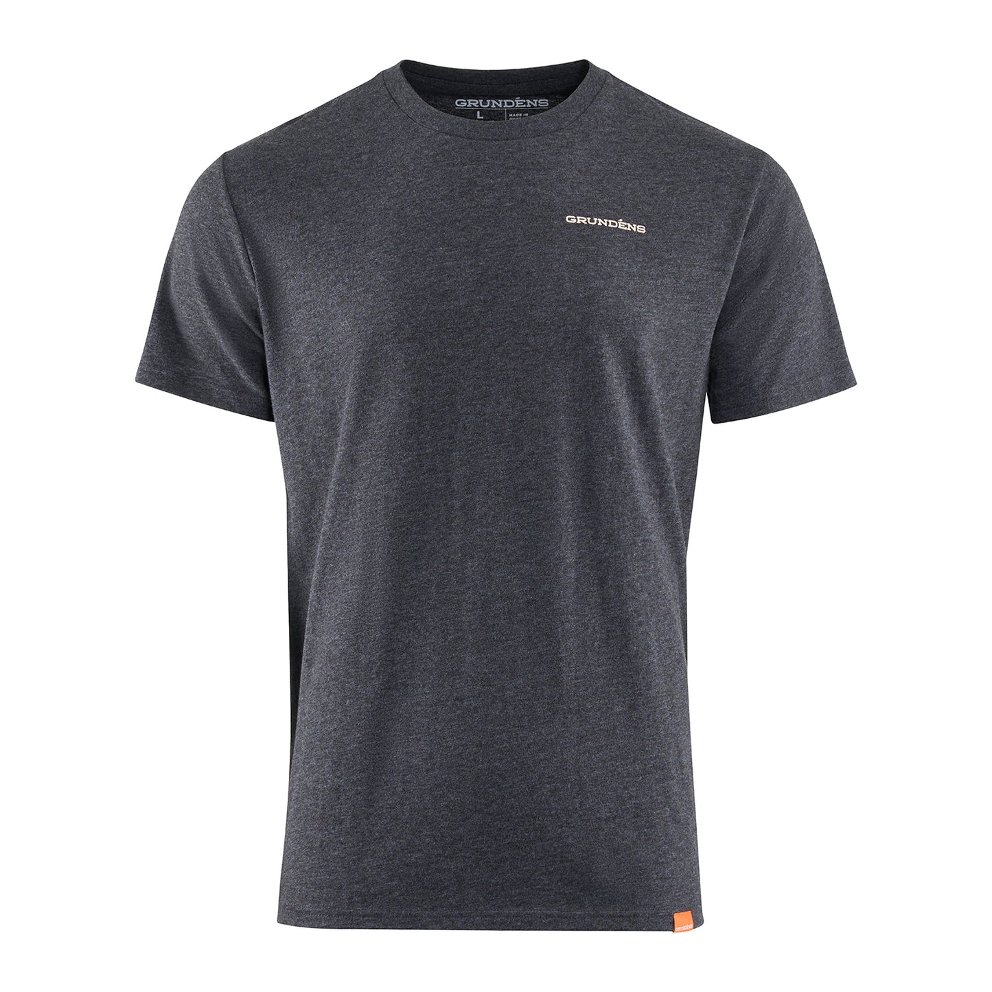 Short-sleeve dark gray t-shirt with a small logo on the chest and an orange tag at the hem.