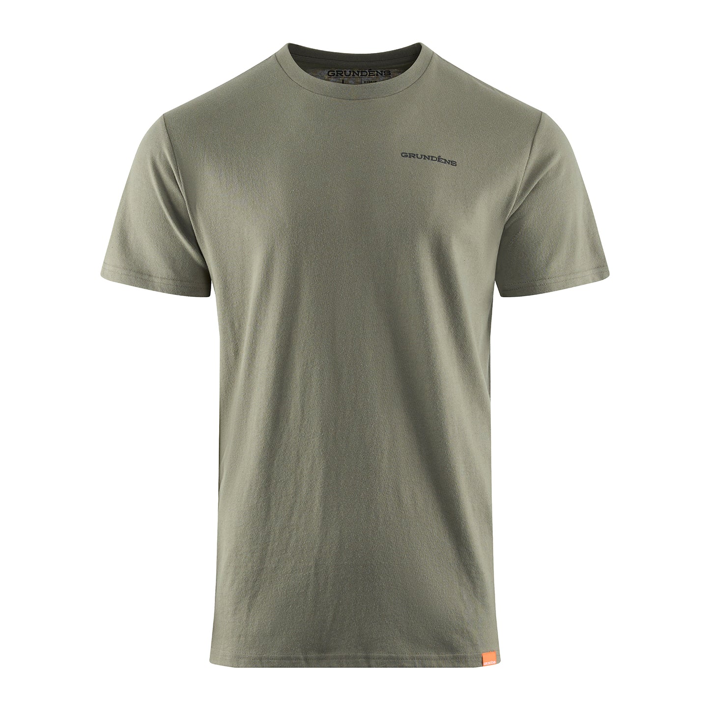 Olive green short-sleeve t-shirt with a small logo on the chest and a tag on the hem.