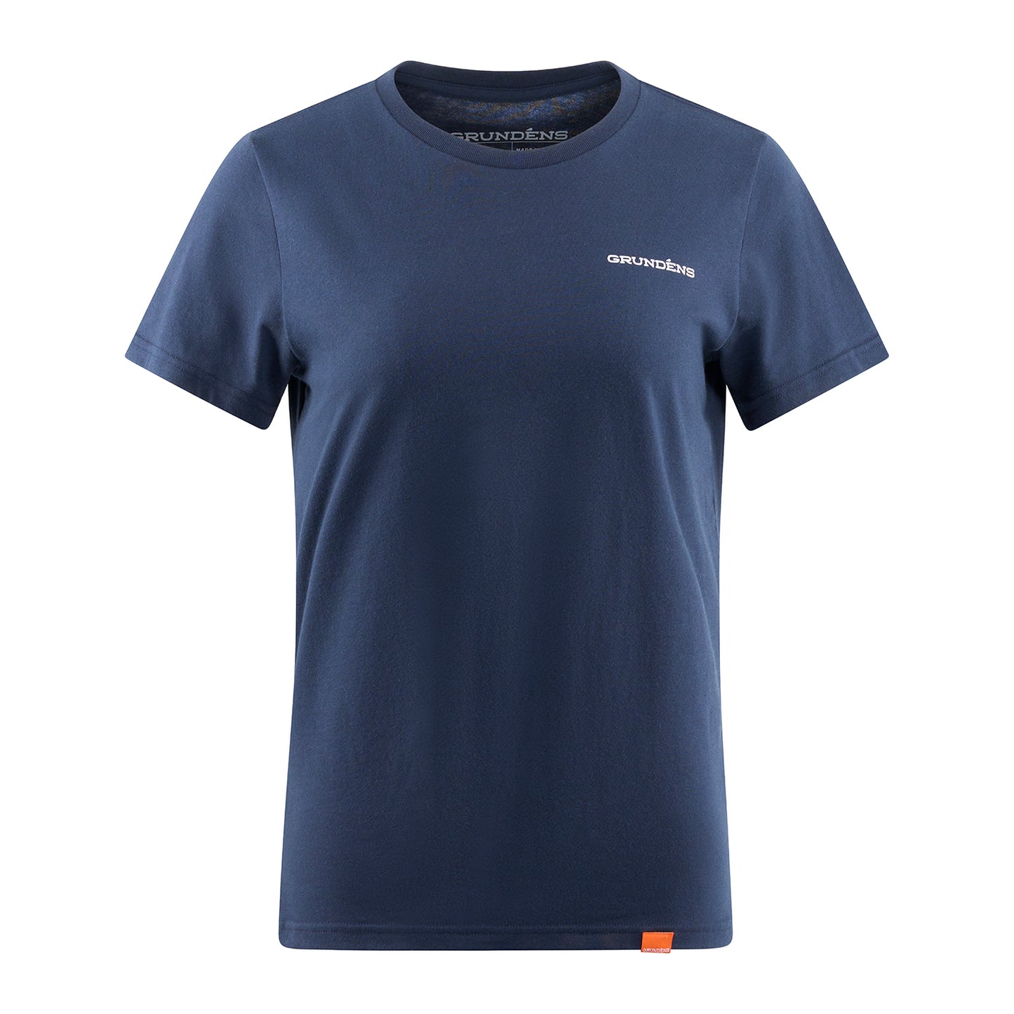Navy blue short-sleeve t-shirt with a crew neckline and a small logo on the chest.