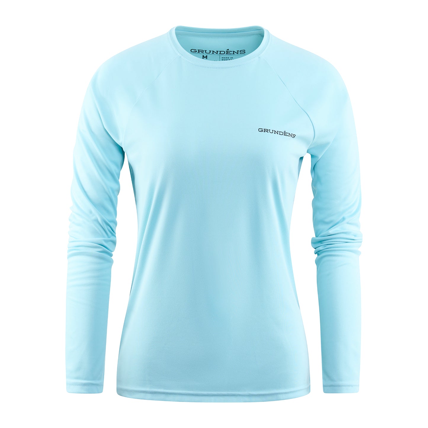 Light blue long-sleeve technical tee with a round neckline and a logo on the chest.