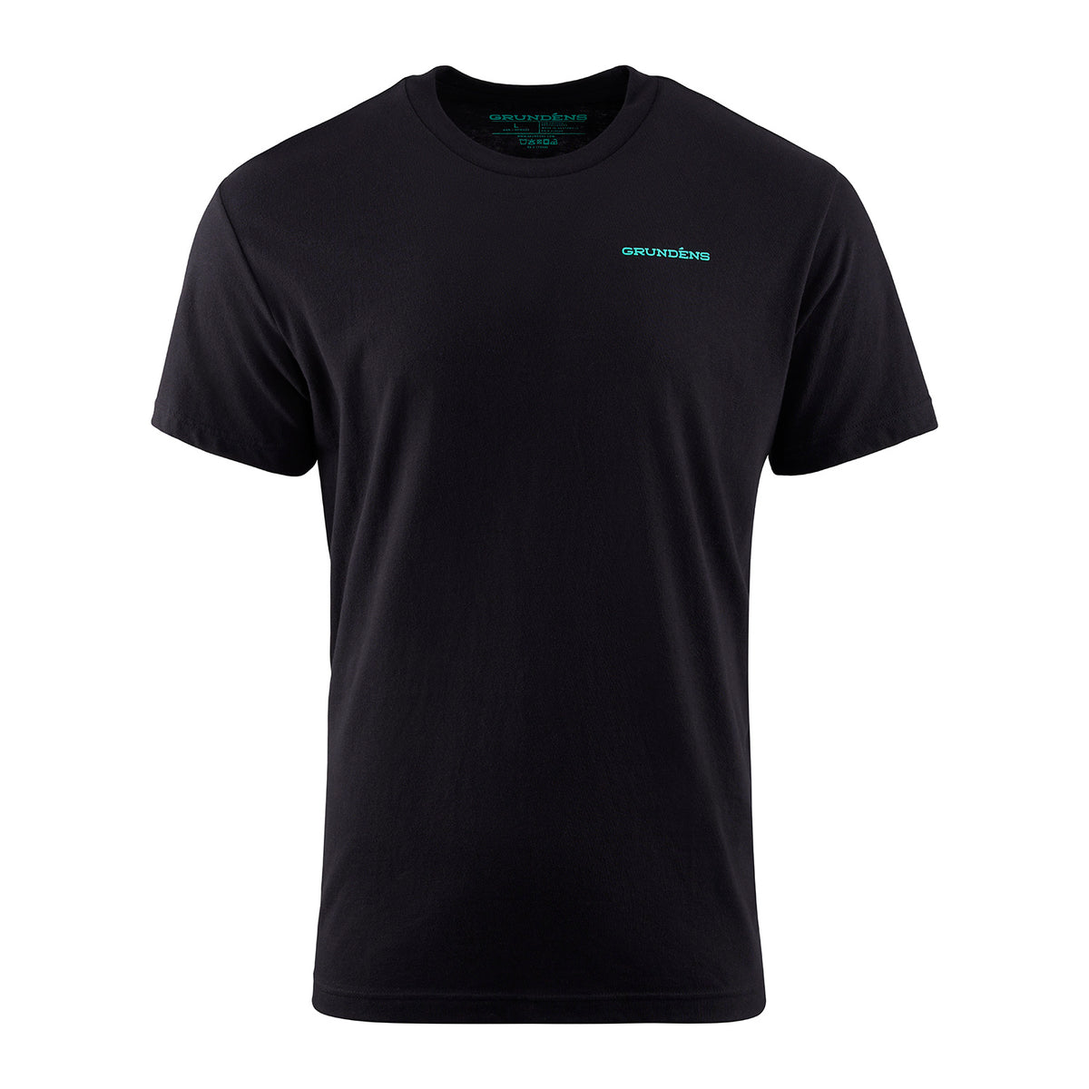 Black short-sleeve t-shirt featuring a small turquoise logo on the chest.