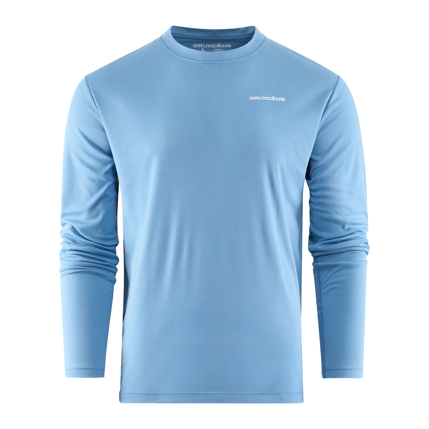 Light blue long-sleeve technical tee with a crew neck and logo on the chest.