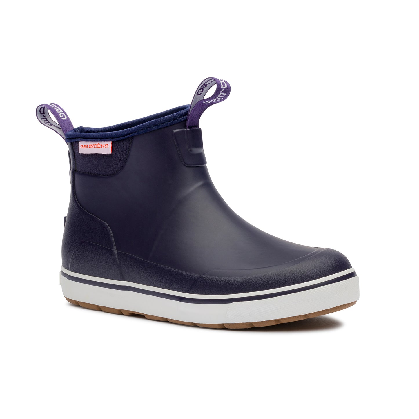 Navy ankle boots with a rubber upper, white sole, and pull tabs for easy wear.