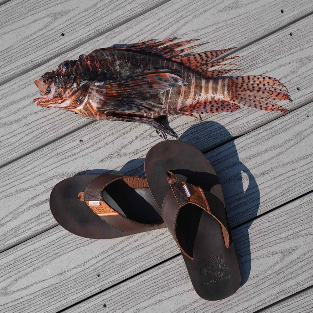 Inversa® leather lateral strap panel made from invasive lionfish skin