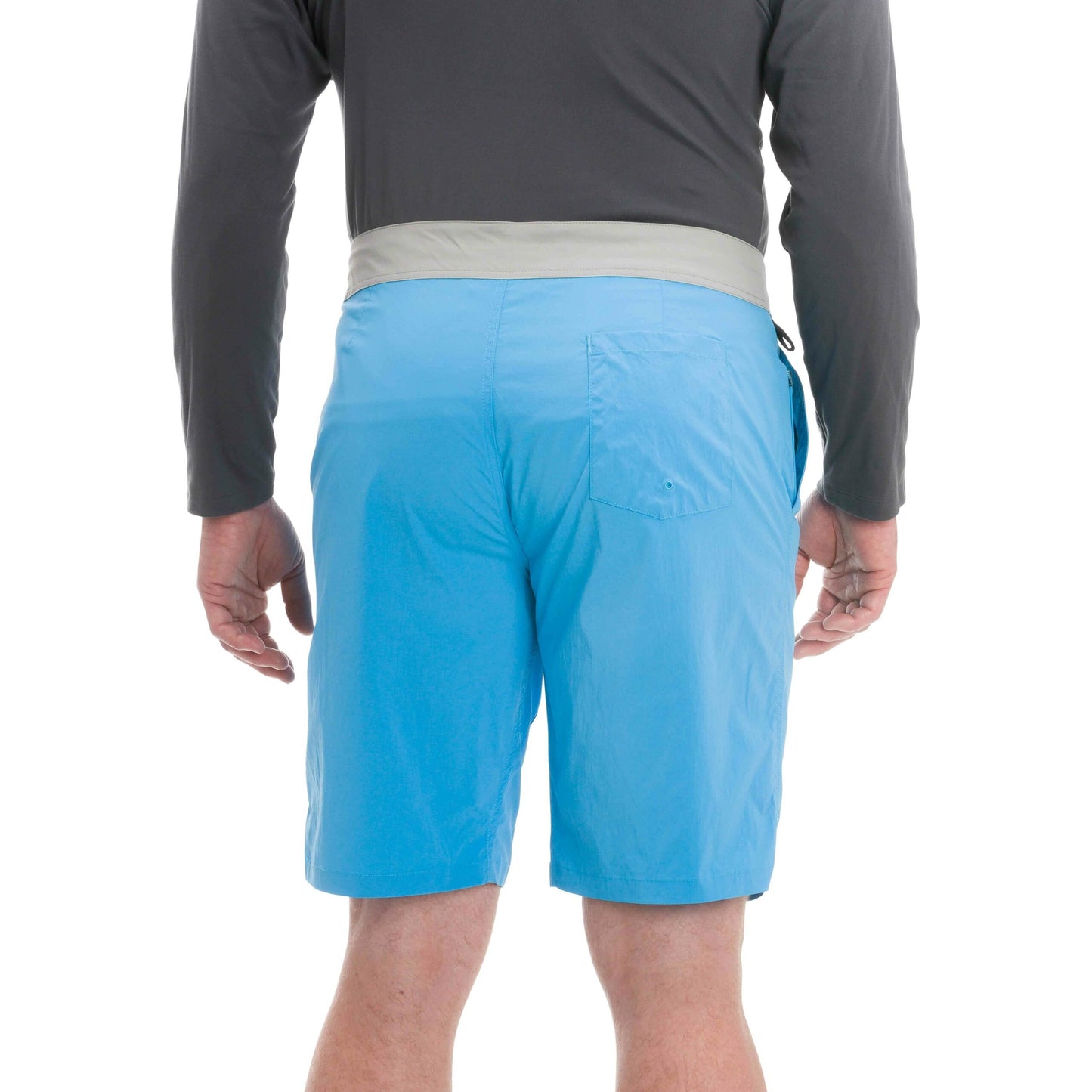 Back view of blue boardshorts with a gray waistband and a single back pocket.