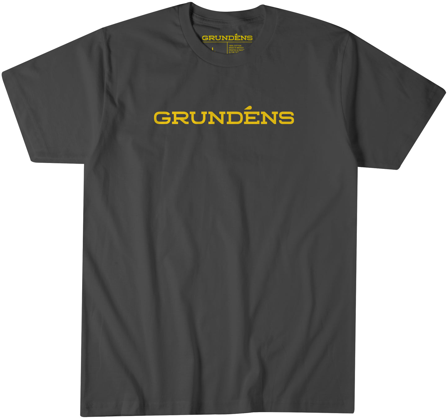 Gray t-shirt featuring the word "GRUNDÉNS" in yellow across the front.