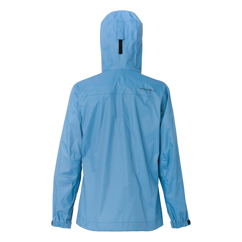Light blue women's jacket with a hood and adjustable cuffs, featuring a logo on the back.