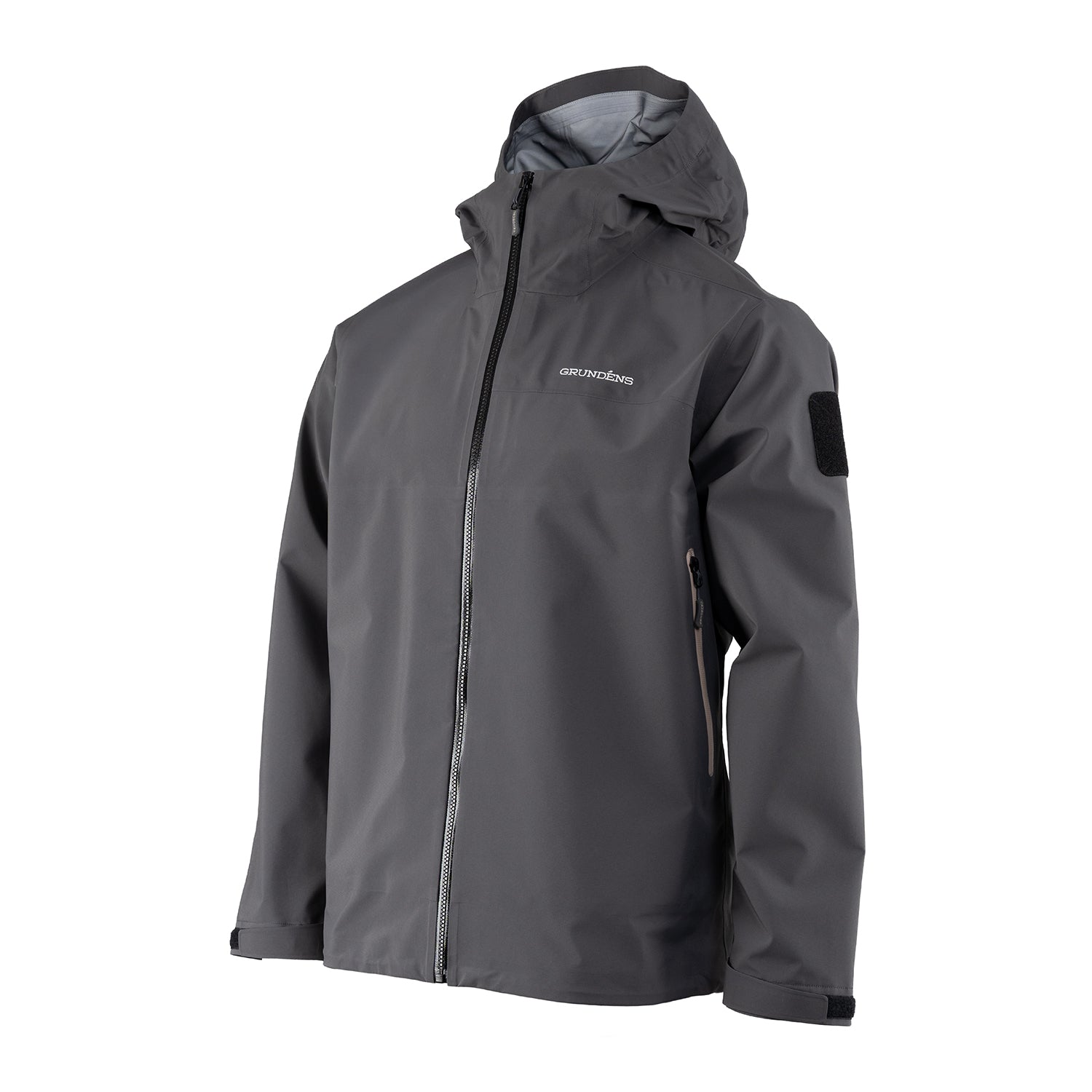 Gray GORE-TEX jacket with a hood, front zipper, and logo on the chest.