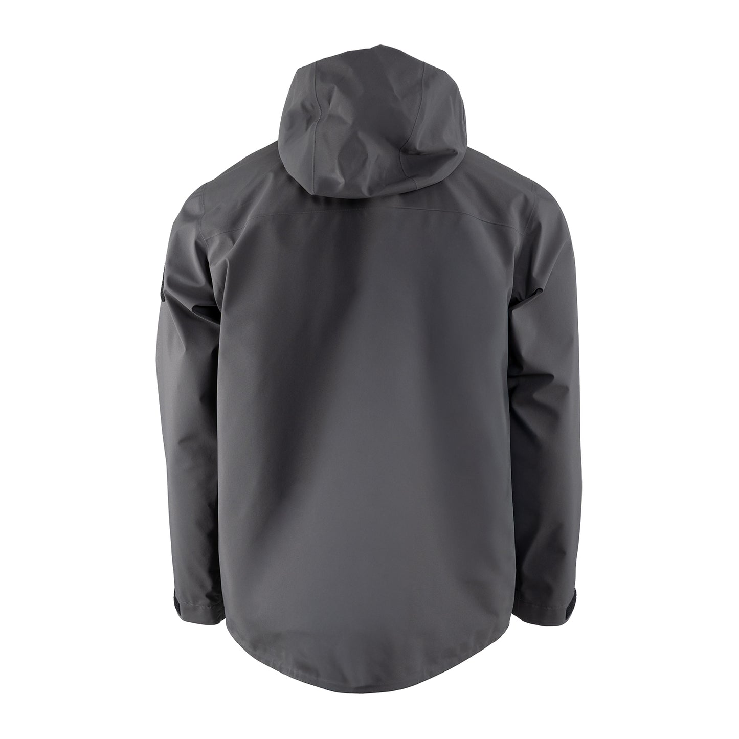 Gray GORE-TEX jacket with a hood, shown from the back, featuring a relaxed fit and longer hem.