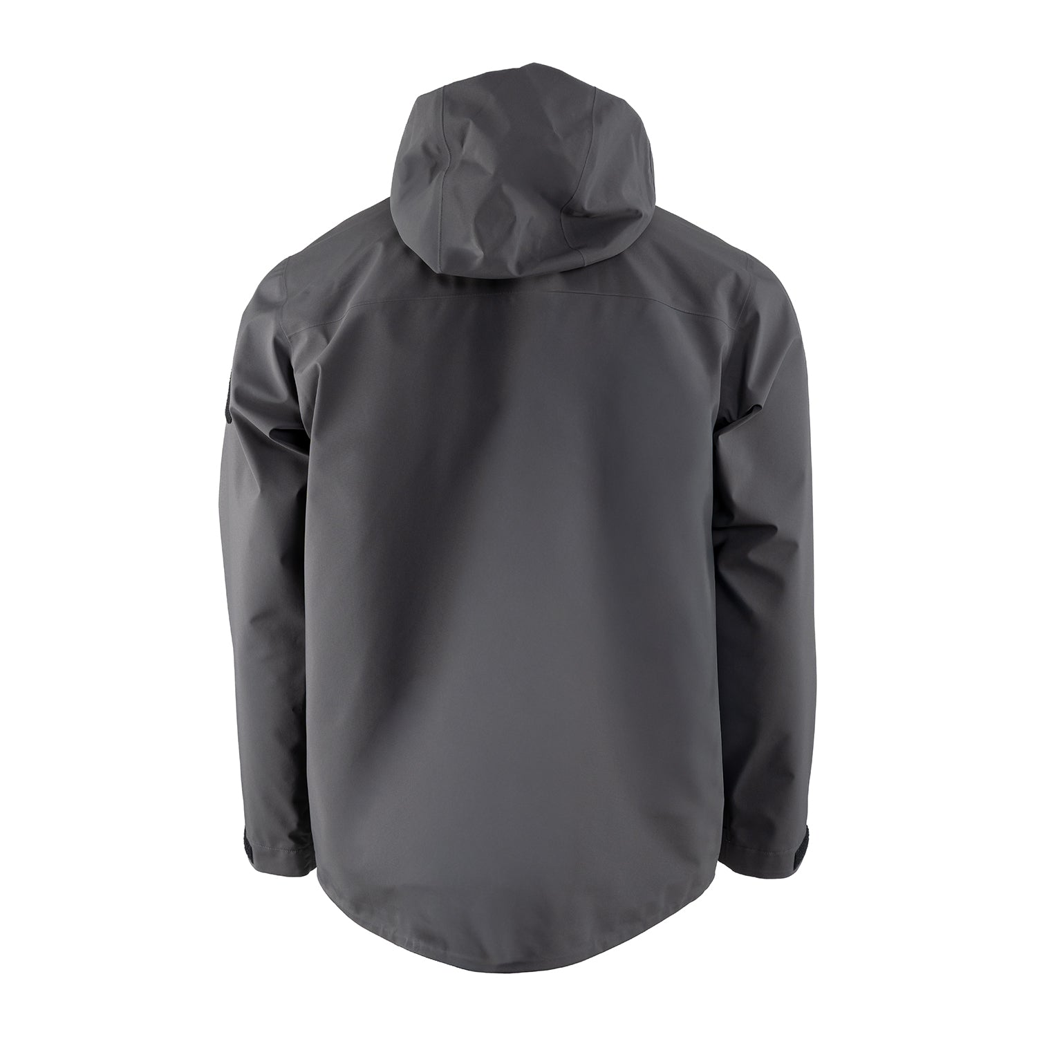Gray GORE-TEX jacket with a hood, shown from the back, featuring a relaxed fit and longer hem.