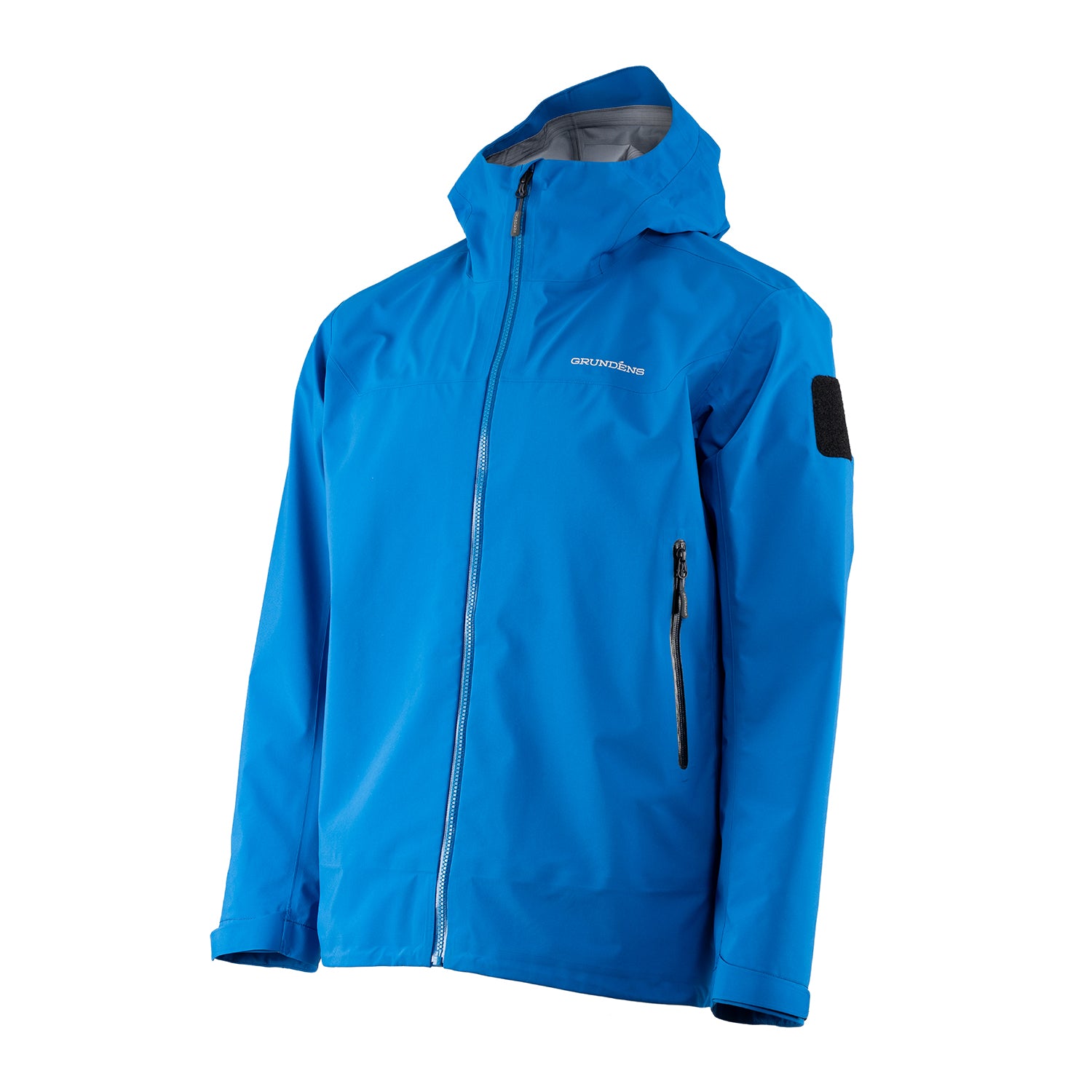 Blue GORE-TEX jacket with a hood, front zipper, and side pocket, featuring a logo on the chest and a patch on the sleeve.