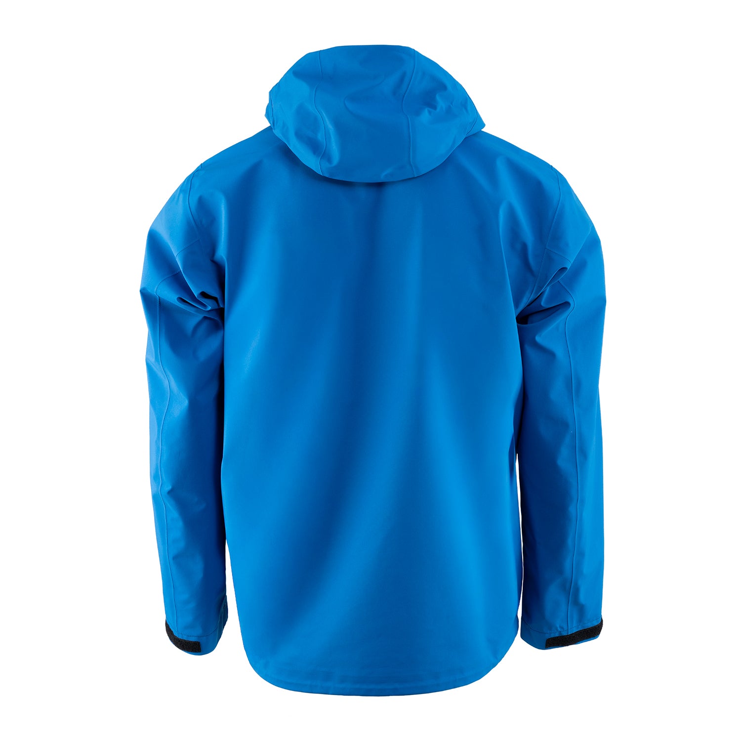 Blue GORE-TEX jacket with a hood, featuring a smooth back design and long sleeves.