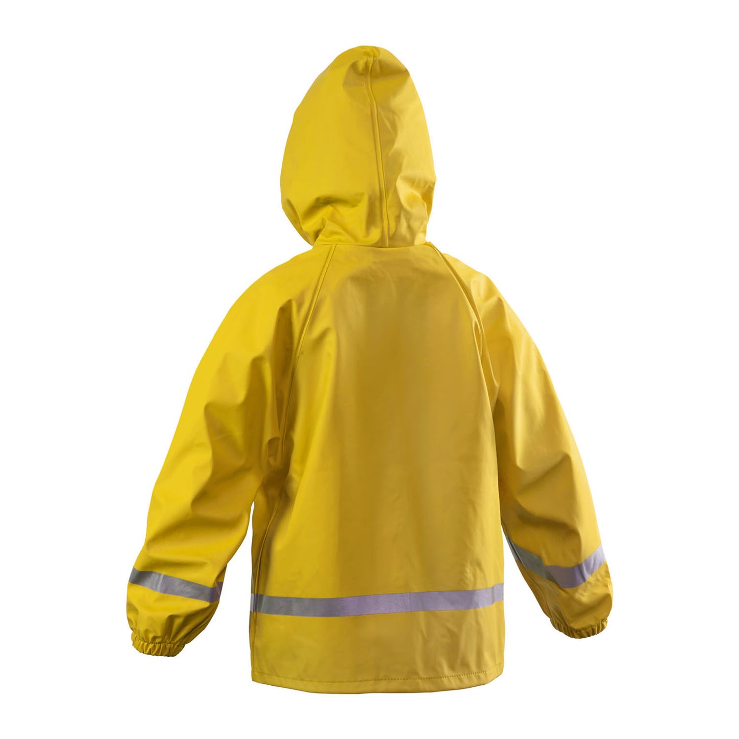 Yellow jacket with a hood and reflective stripes, shown from the back.