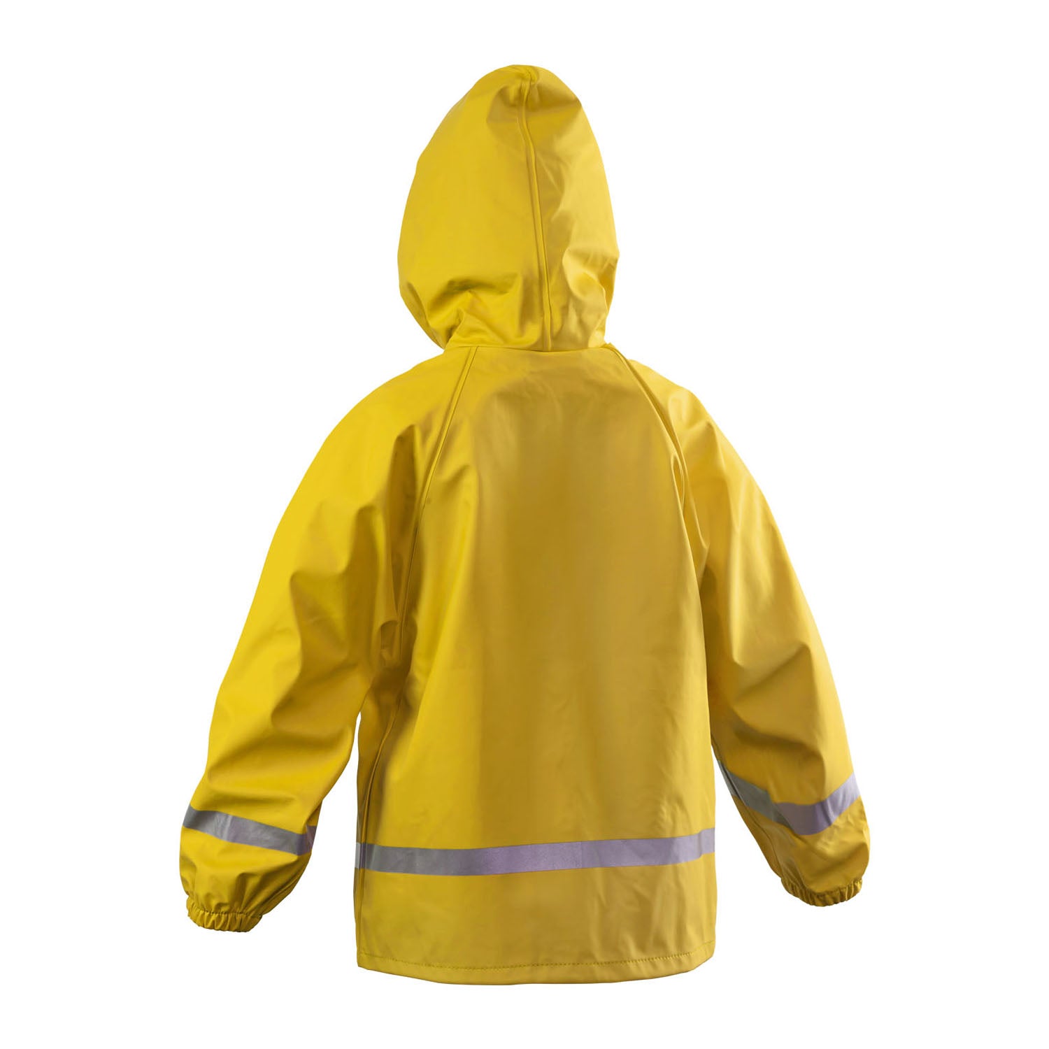 Yellow jacket with a hood and reflective stripes, shown from the back.