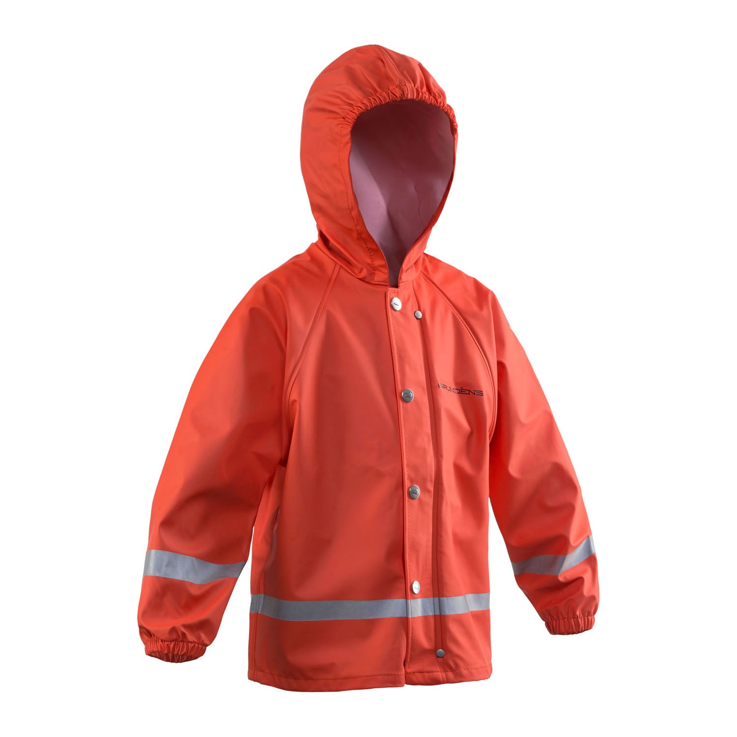 Bright orange kid's jacket with a hood and reflective stripes, featuring snap buttons down the front.
