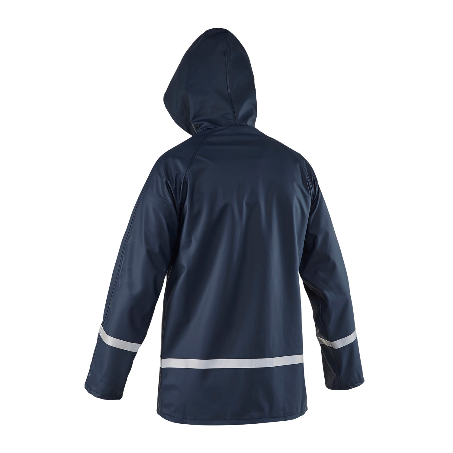 Navy jacket with a hood and reflective stripes, designed for kids, shown from the back.
