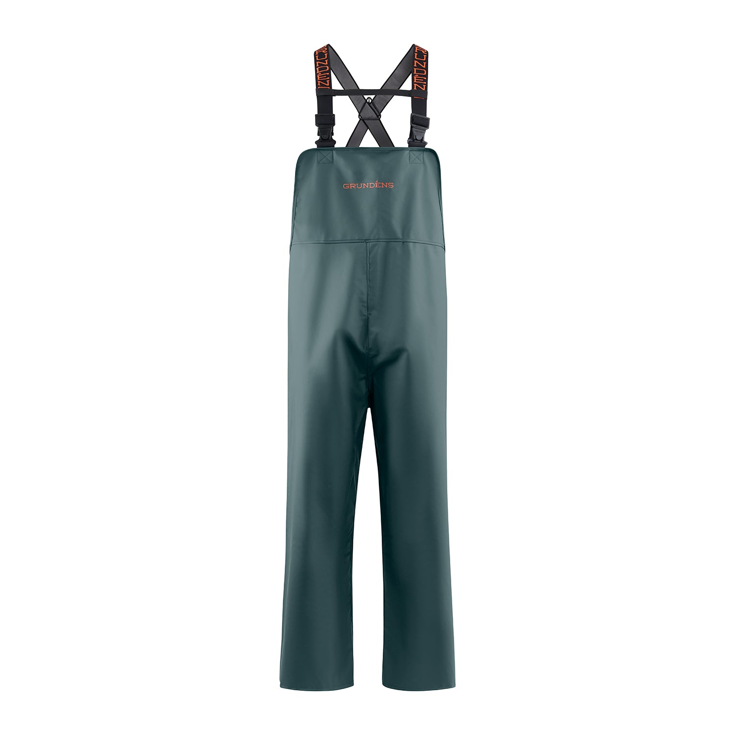 Green waterproof bib overalls with adjustable straps and a logo on the front.