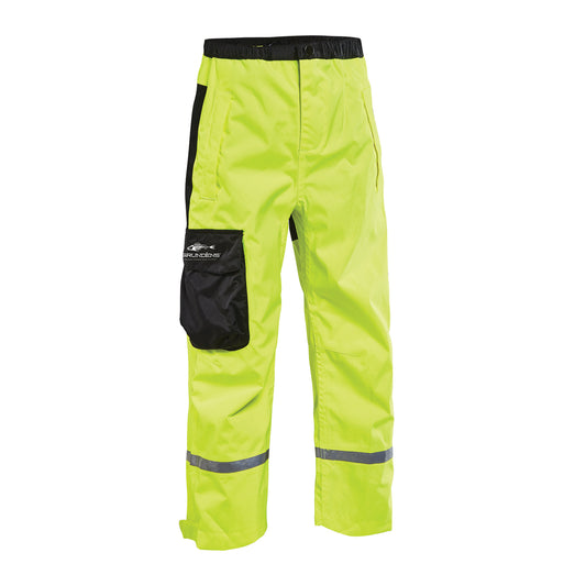 Bright yellow weather pants with black side pocket and reflective striping for visibility.