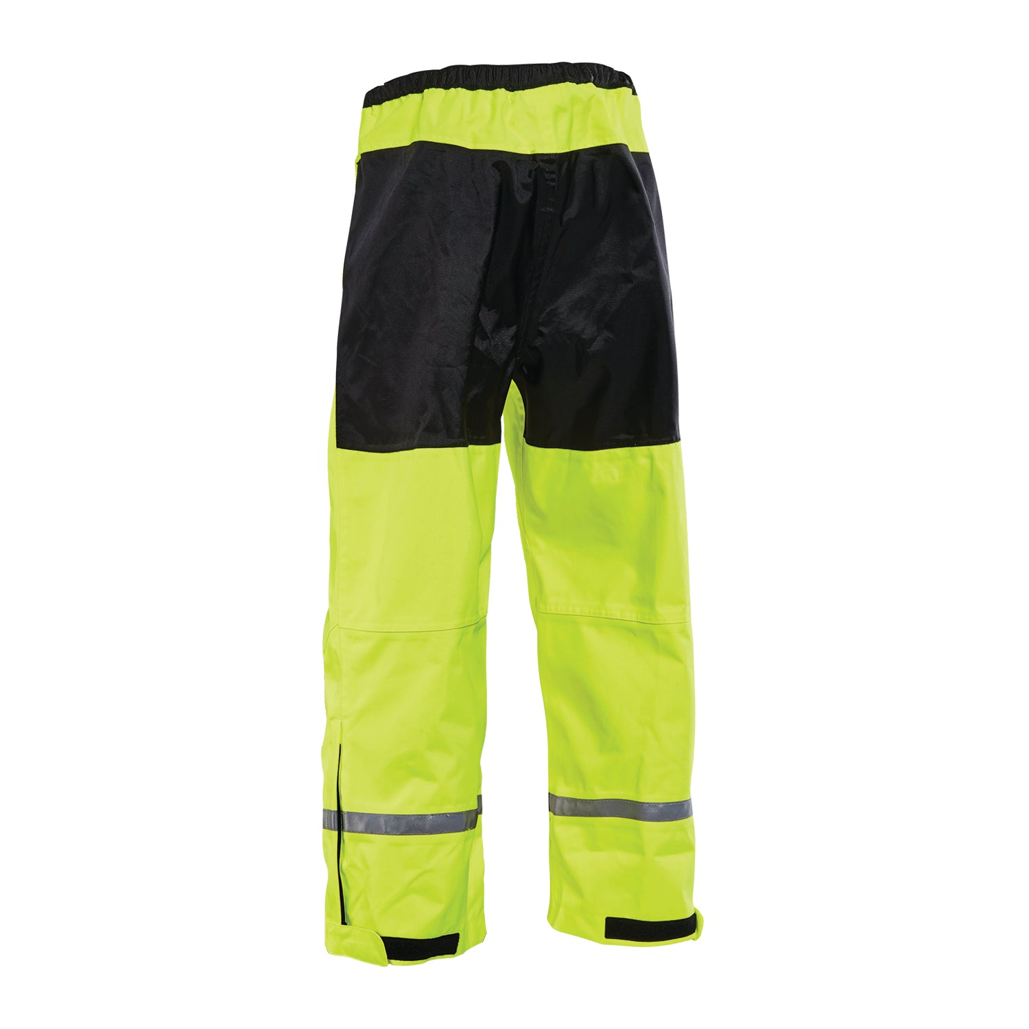 Bright yellow and black weather-resistant pants with reflective strips and an elastic waistband.