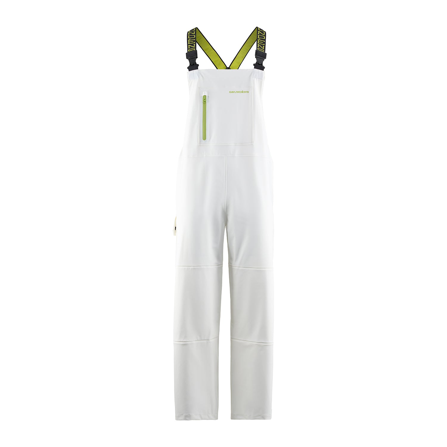 White bib overalls with adjustable straps and a front zip pocket.