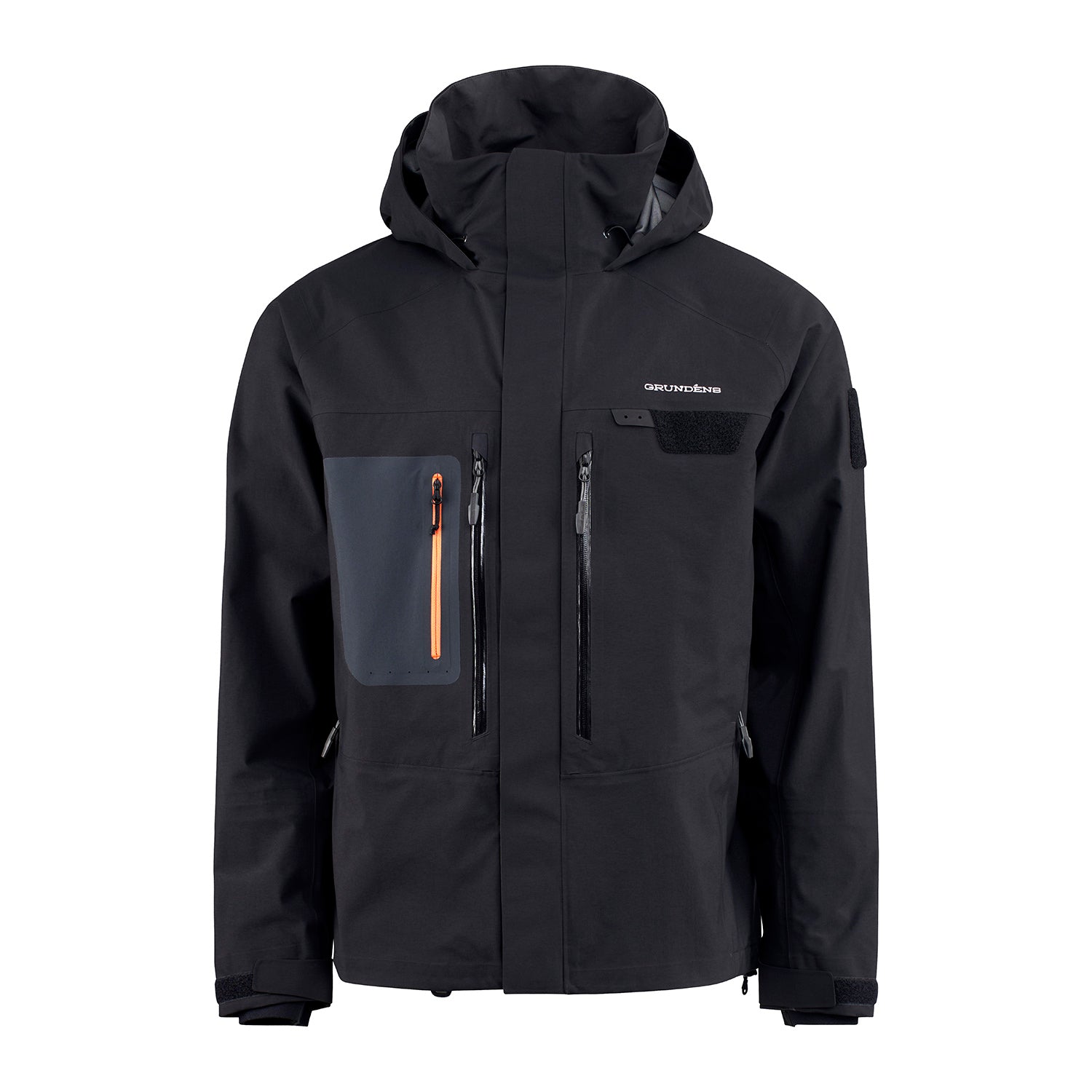 Black Gore-Tex wading jacket with a hood, multiple zippered pockets, and adjustable cuffs.