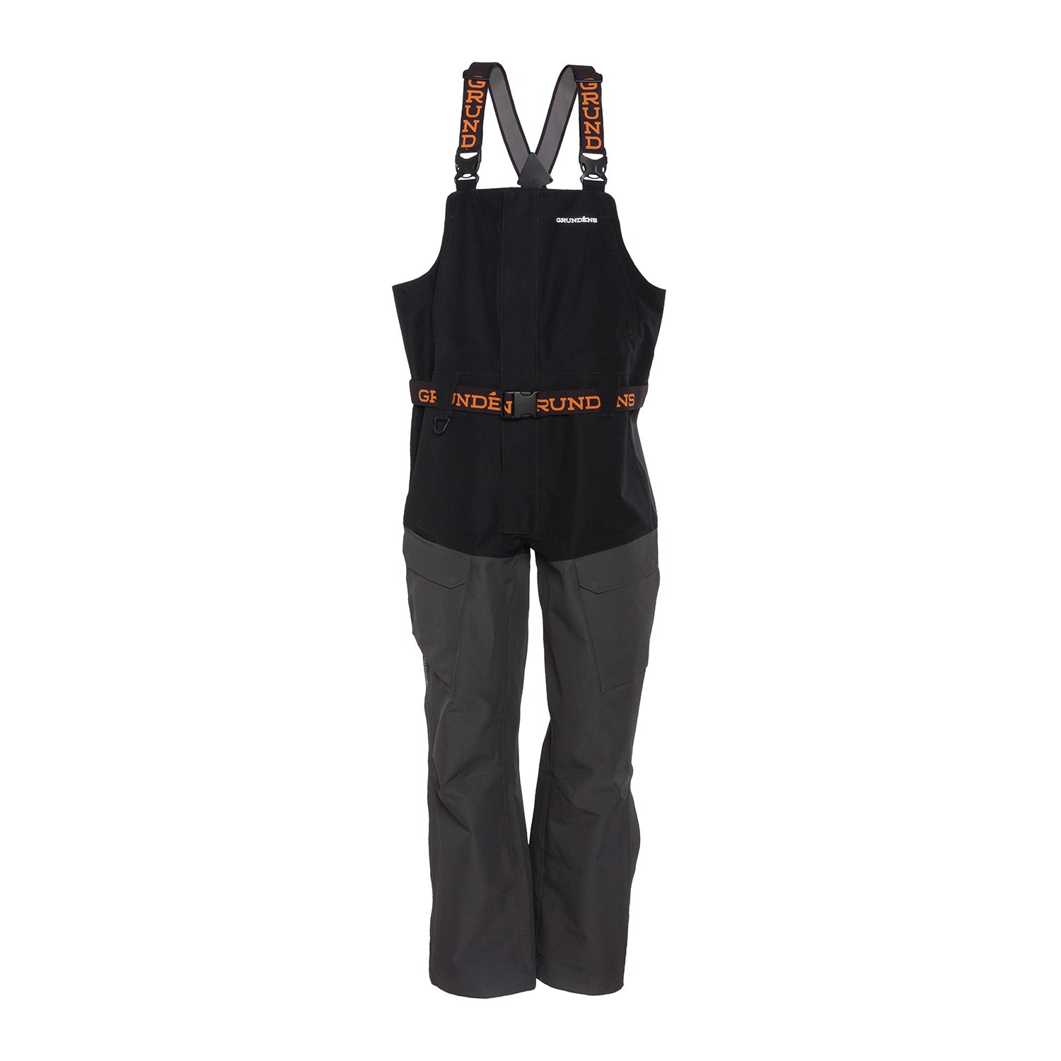 Black and gray bib overalls with adjustable straps and multiple pockets.