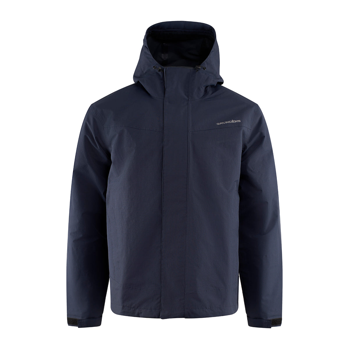 Navy blue waterproof jacket with a hood and adjustable features, designed for outdoor use.