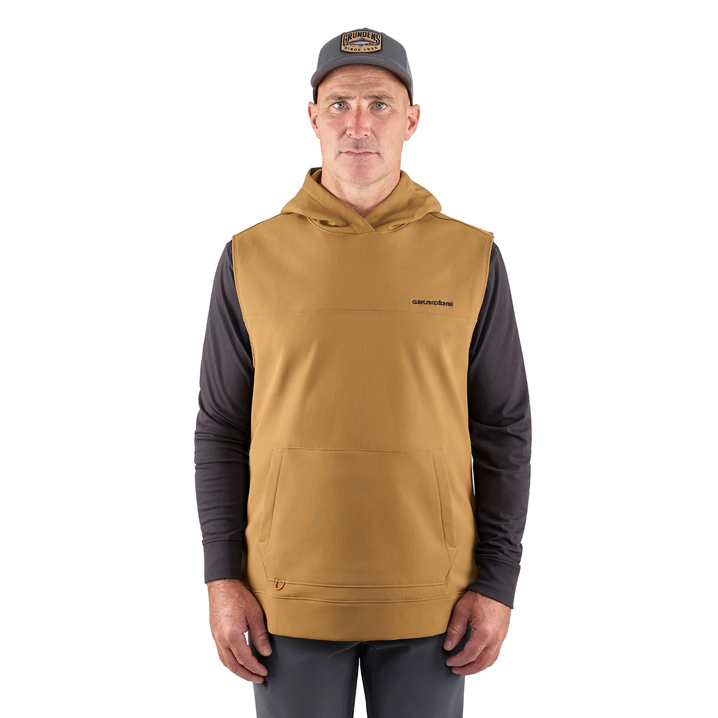 Kryall Hooded Vest Tobacco Side View – Grundens