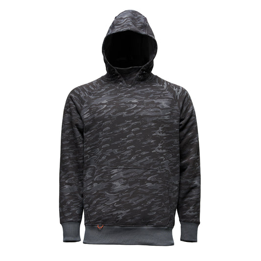 Hooded sweatshirt in dark gray with a textured camouflage pattern and a front kangaroo pocket.