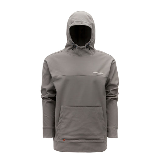 Gray hoodie with a drawstring hood and front pocket, featuring a logo on the chest.