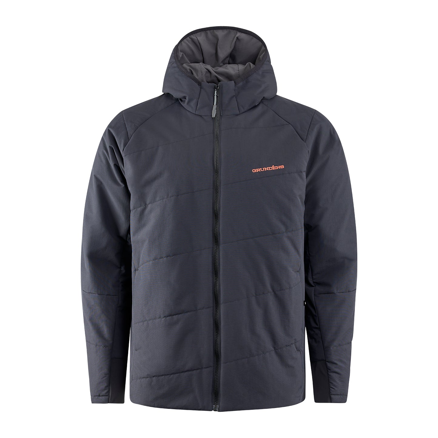 Insulated hoodie in dark gray with a front zipper and a hood, featuring a logo on the chest.