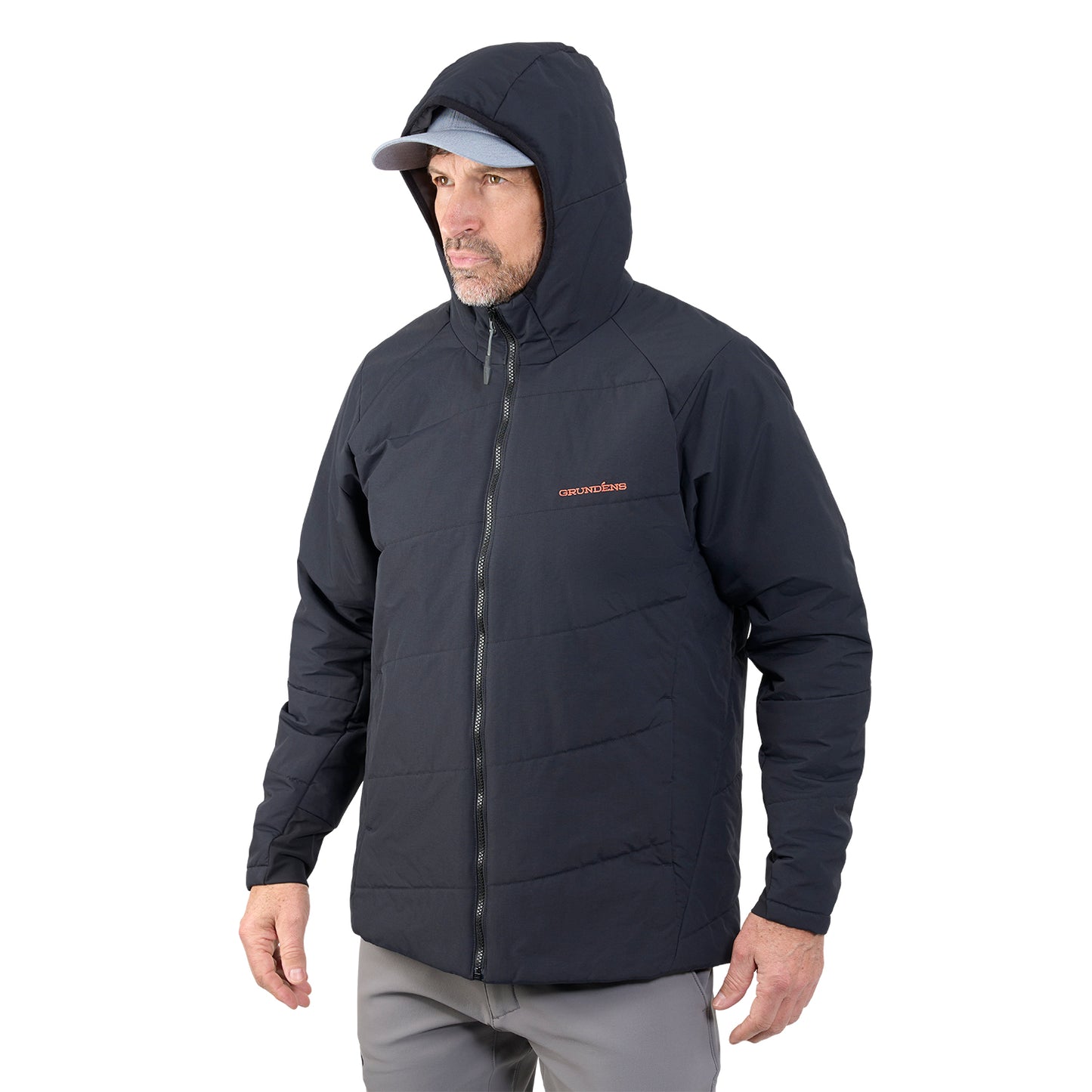 Insulated black hoodie with a front zipper and a hood, worn by a man with a beard and a cap.