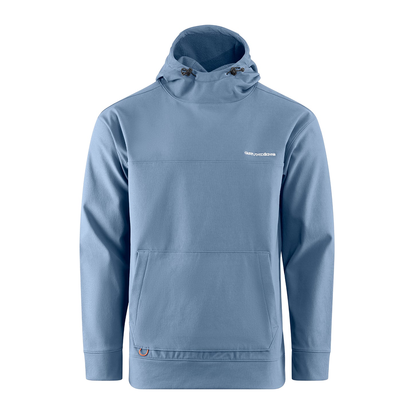 Light blue hoodie with a high neck, adjustable drawstrings, and a front pocket.