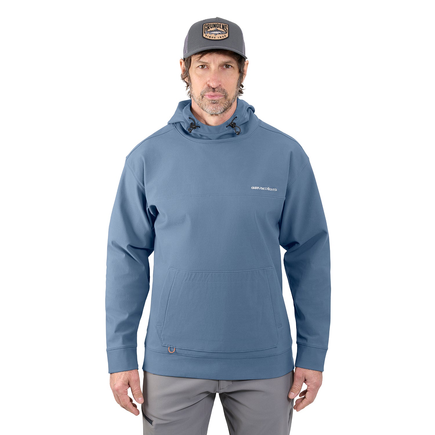 Light blue hoodie with a front pocket and adjustable hood, worn by a man with a cap.