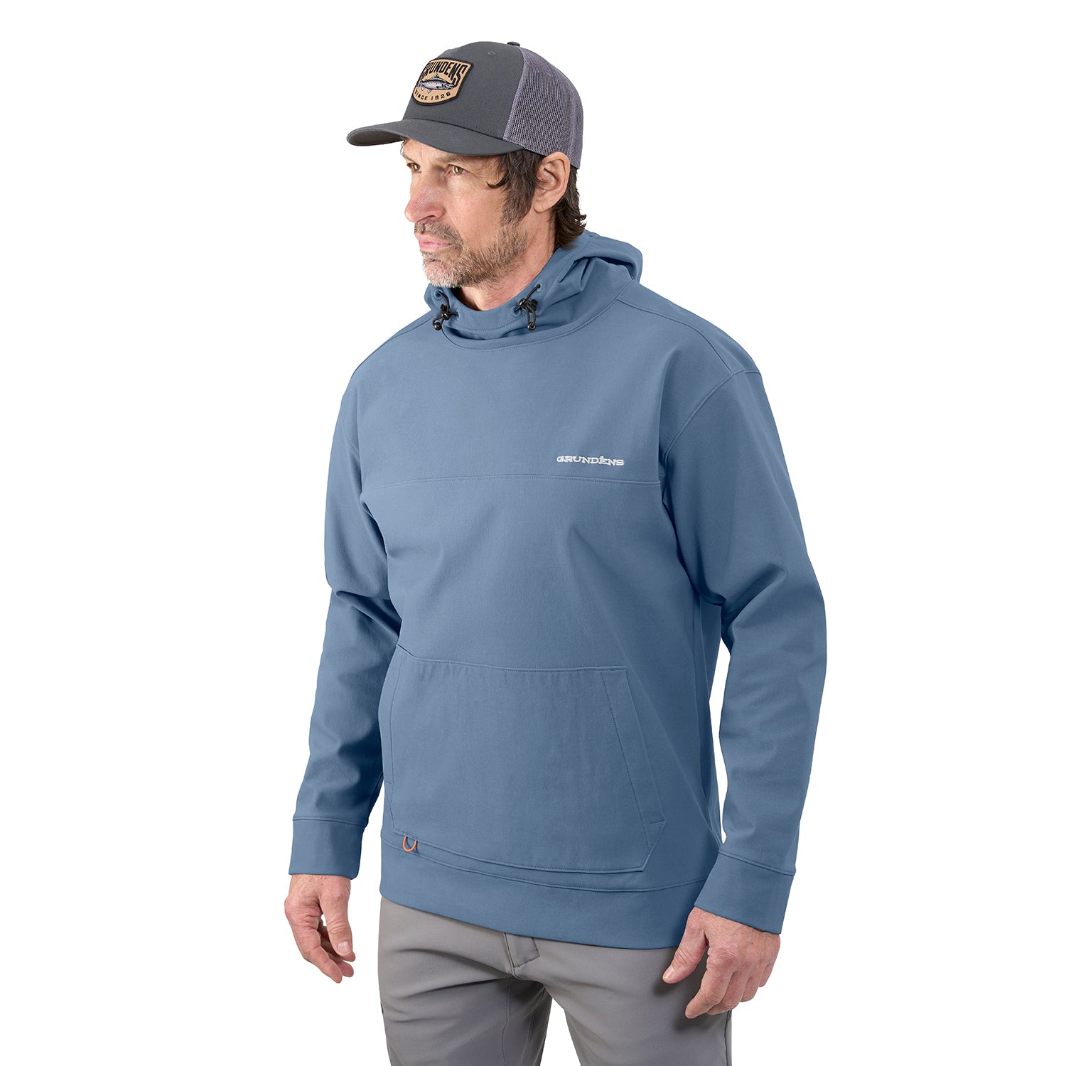 Light blue hoodie with a front pocket and adjustable hood, worn by a man with a gray cap.