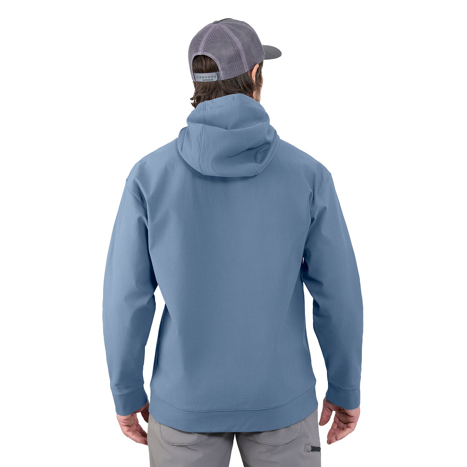 Hooded sweatshirt in light blue, shown from the back, worn by a person with a cap.