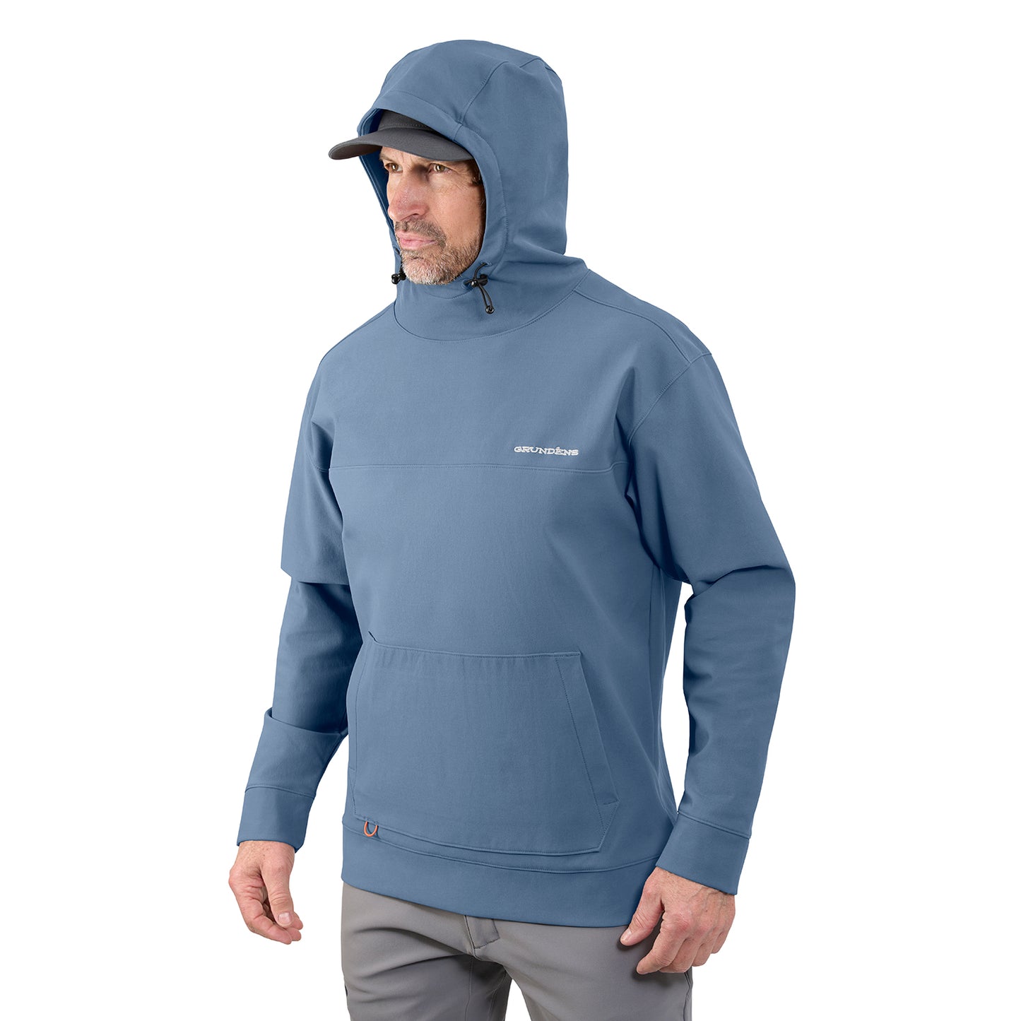 Hooded blue sweatshirt with a front pocket and adjustable drawstring, worn by a man.
