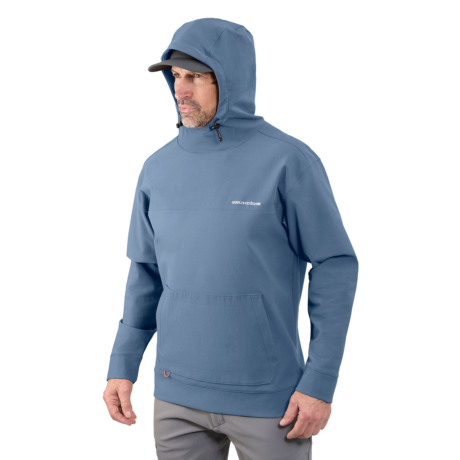 Hooded blue sweatshirt with a front pocket and adjustable drawstring, worn by a man.
