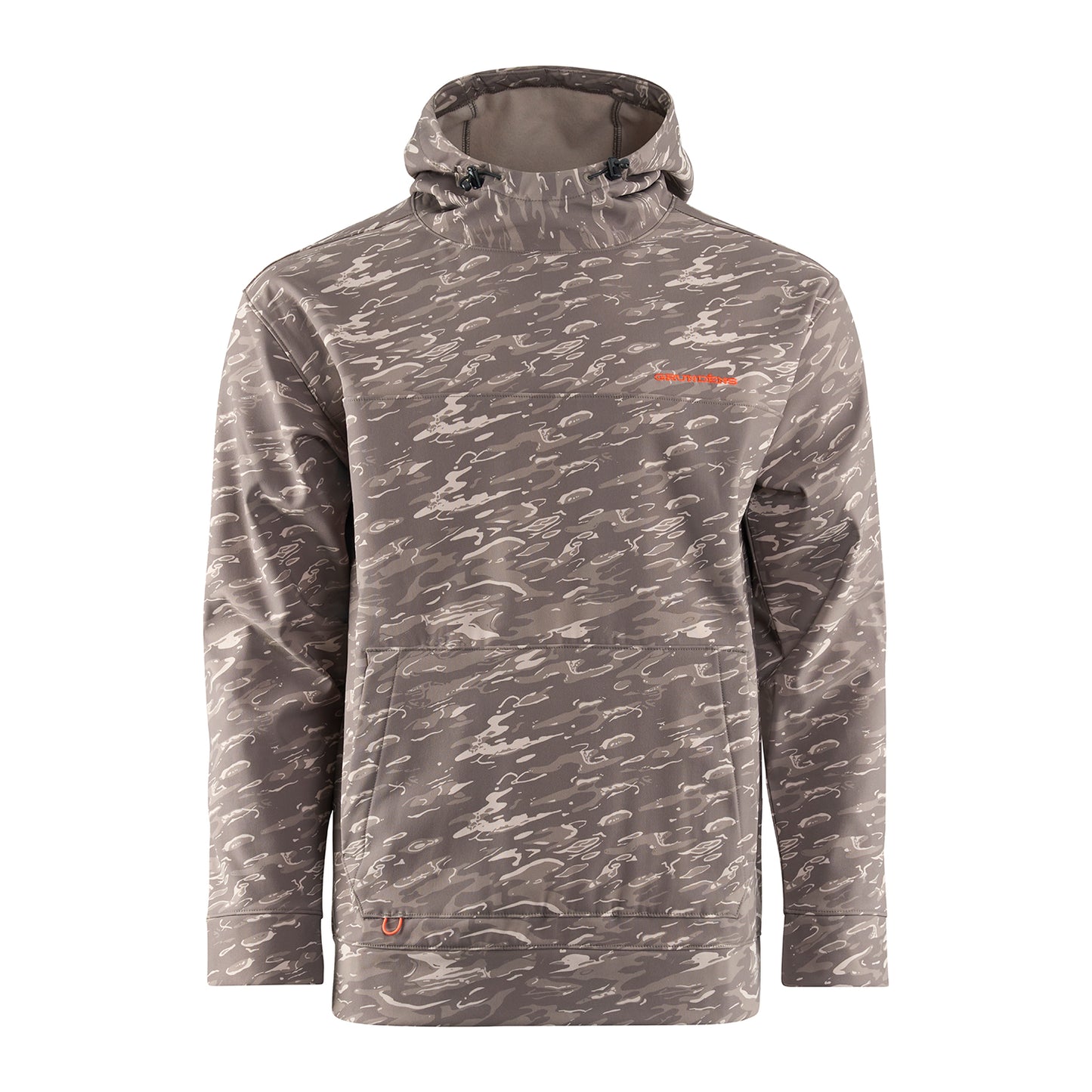 Hooded sweatshirt in a gray camouflage pattern with a front pocket and adjustable drawstring.